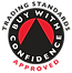 a black and red logo with a red and white triangle