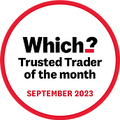 a red and white circle with the words which?, trust trader of the month