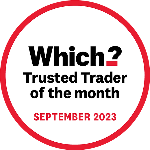 a red and white circle with the words which?, trusted trader of the